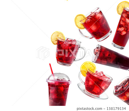 Various hibiscus iced tea drinks in clear jars with herbs isolated on white, concept of refreshing summer beverages Various hibiscus iced tea drinks in clear jars with herbs isolated on white, concept of refreshing summer beverages 138179134