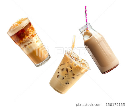 Various iced coffee beverages or tea milk isolated on white background, showing refreshing drink concept idea theme Various iced coffee beverages or tea milk isolated on white background, showing refreshing drink concept idea theme 138179135