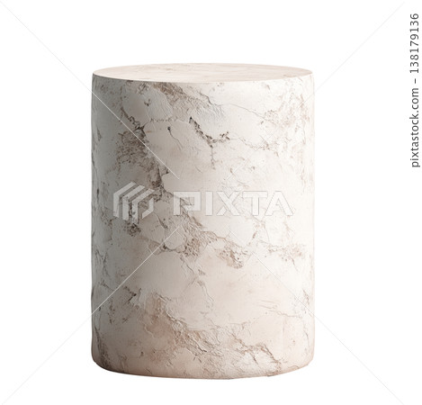 Stone cylindrical pedestal with rough texture shown isolated on white background, concept of minimal decor 138179136
