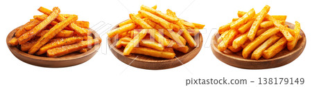 Set of Kumara sweet potato fries with black pepper and herbs on wooden plate, on white, concept of New Zealand fast food snack 138179149