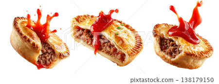 Set of Australia meat pie filled with minced meat  and topped with ketchup, isolated on white transparent background 138179150