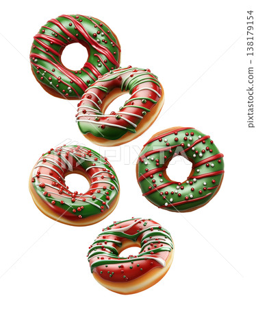 Festive donuts with red and green icing, decorated with sprinkles, seamless pattern style isolated on white background Festive donuts with red and green icing, decorated with sprinkles, seamless pattern style isolated on white background 138179154