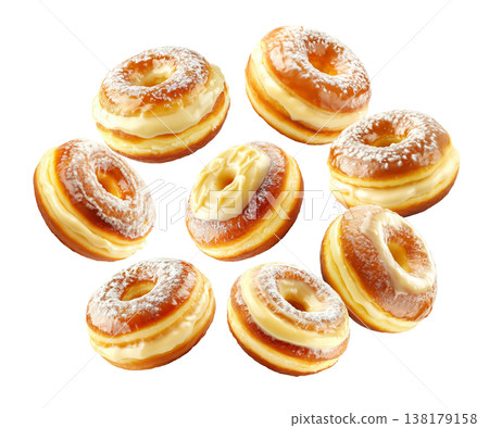 Delicious glazed donuts with creamy filling and powdered sugar topping, on white background, concept of sweet dessert treat Delicious glazed donuts with creamy filling and powdered sugar topping, on white background, concept of sweet dessert treat 138179158