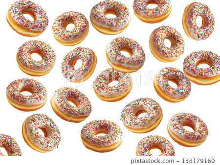 Multiple glazed donuts with colorful sprinkles scattered randomly and isolated on white background, sweet dessert concept Multiple glazed donuts with colorful sprinkles scattered randomly and isolated on white background, sweet dessert concept 138179160