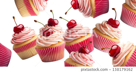 Multiple pink frosted cupcakes with cherries scattered and isolated on a white background, concept of dessert or pastry pattern Multiple pink frosted cupcakes with cherries scattered and isolated on a white background, concept of dessert or pastry pattern 138179162