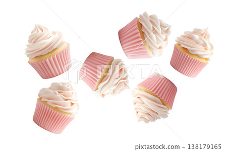 Multiple pink frosted cupcakes with swirl icing scattered in a seamless layout, isolated on white background Multiple pink frosted cupcakes with swirl icing scattered in a seamless layout, isolated on white background 138179165