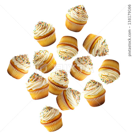 Vanilla cupcakes with creamy frosting and colorful sprinkles, isolated on white background. Concept of sweet dessert treats 138179166