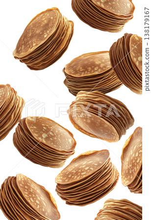 Multiple stacks of golden brown pancakes isolated on white background, concept of breakfast or food abundance Multiple stacks of golden brown pancakes isolated on white background, concept of breakfast or food abundance 138179167