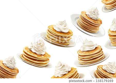 Repeating pattern of golden pancakes topped with whipped cream on plates, isolated over a white background, concept of breakfast Repeating pattern of golden pancakes topped with whipped cream on plates, isolated over a white background, concept of breakfast 138179169