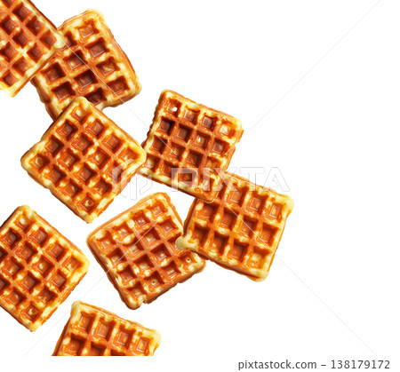 Multiple golden brown square waffles scattered randomly, isolated on white background. Concept of breakfast or snack food Multiple golden brown square waffles scattered randomly, isolated on white background. Concept of breakfast or snack food 138179172