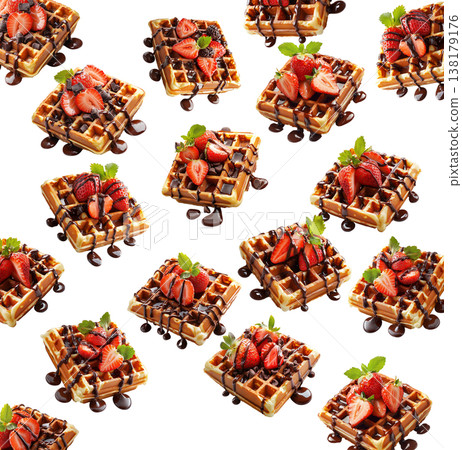 Sweet waffles with strawberries and chocolate isolated on white background, concept of tasty breakfast pattern Sweet waffles with strawberries and chocolate isolated on white background, concept of tasty breakfast pattern 138179176