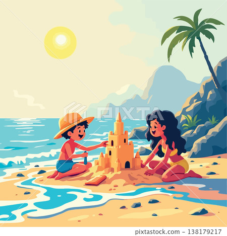 Vsai children building sandcastle on tropical beach playing summer Vsai children building sandcastle on tropical beach playing summer 138179217