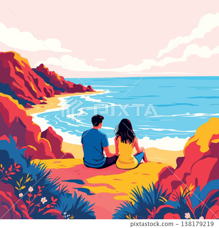 Vsai couple sitting together overlooking ocean enjoying beach view 138179219