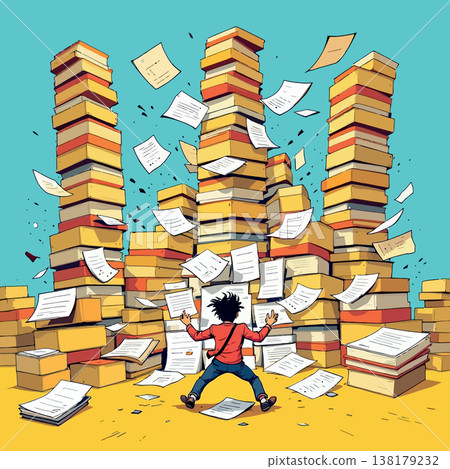 Vsai student overwhelmed by towering stacks of books and papers 138179232