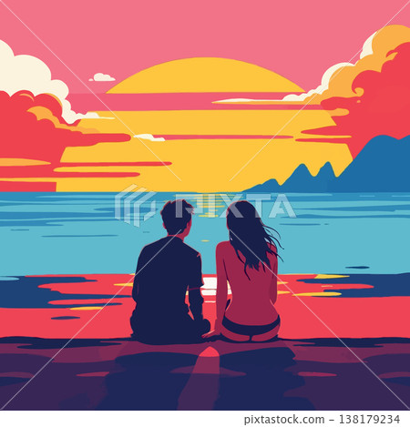 Vsai couple watching ocean sunset on sandy beach Vsai couple watching ocean sunset on sandy beach 138179234