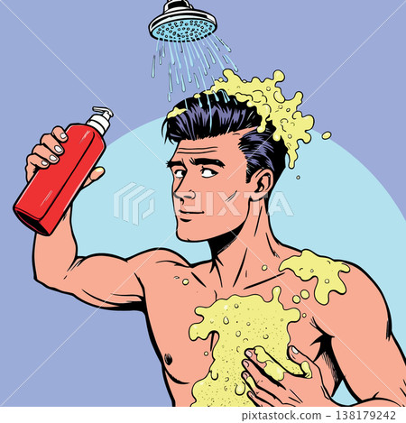 Vsai man showering with shampoo and soap in bathroom Vsai man showering with shampoo and soap in bathroom 138179242