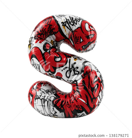 Inflatable letter S covered in graffiti art isolated on white background, representing urban creativity and bold street concept 138179271
