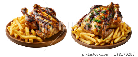 Juicy roasted whole roasted chicken placed on pile of French fries, isolated on white transparent background, concept of fast food Juicy roasted whole roasted chicken placed on pile of French fries, isolated on white transparent background, concept of fast food 138179293