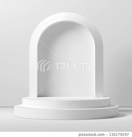 Minimal white arch podium in minimal style on white monochrome background, modern beverage advertising and product presentation Minimal white arch podium in minimal style on white monochrome background, modern beverage advertising and product presentation 138179297