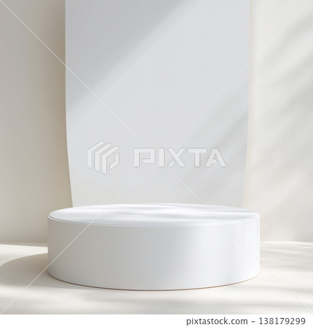 White circular podium in minimal style round pedestal on white background, concept of product display and modern elegance White circular podium in minimal style round pedestal on white background, concept of product display and modern elegance 138179299