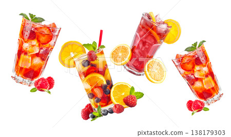 Savor a refreshing iced raspberry beverage with fruit and mint under the warm summer sun 138179303