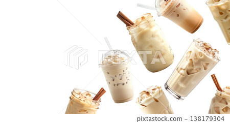 Multiple iced coffee beverages with cream or horchata isolated on white background, concept of refreshing cold drinks 138179304