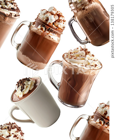 Hot chocolate drinks in various mugs with whipped cream isolated on white background showing warm beverage concept Hot chocolate drinks in various mugs with whipped cream isolated on white background showing warm beverage concept 138179305