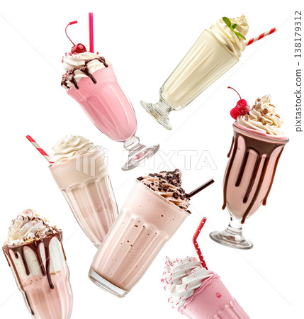 Multiple milkshakes with whipped cream shown isolated on white background, concept of sweet dessert treats 138179312