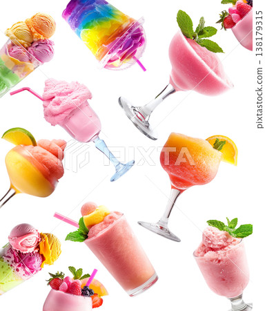 Assorted vibrant frozen beverages sherbet and ice cream isolated on white background, expressing summer refreshment concept 138179315