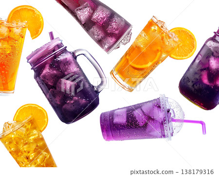 Colorful iced fruit soda drinks in cups and jars isolated on white background conveying refreshment and summer mood Colorful iced fruit soda drinks in cups and jars isolated on white background conveying refreshment and summer mood 138179316