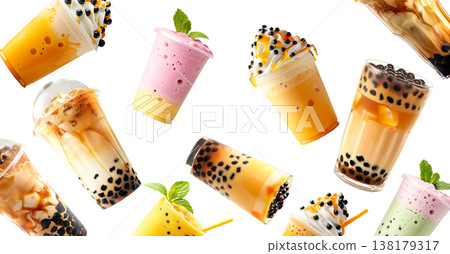 Various colorful bubble tea drinks shown isolated on white background, concept of freshness and sweet beverages Various colorful bubble tea drinks shown isolated on white background, concept of freshness and sweet beverages 138179317