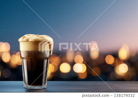 Frothy stout beer tall glass on surface with soft bokeh city background, representing refreshment and rich beverage appeal Frothy stout beer tall glass on surface with soft bokeh city background, representing refreshment and rich beverage appeal 138179332