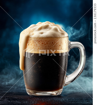 Frothy stout beer tall glass on a dark background, representing refreshment and rich beverage appeal Frothy stout beer tall glass on a dark background, representing refreshment and rich beverage appeal 138179333