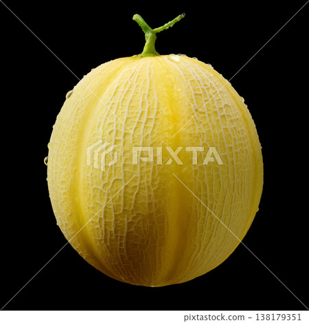 Ripe yellow melon with droplets isolated on dark background with clipping path, symbolizing freshness and natural nutrition 138179351
