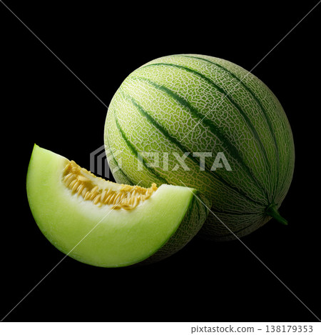 Cantaloupe melon with juicy slice isolated on black background with clipping path, concept of freshness nutrition and organic food Cantaloupe melon with juicy slice isolated on black background with clipping path, concept of freshness nutrition and organic food 138179353