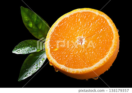 Half orange with wet leaves isolated on black background with clipping path, concept freshness and natural vitality Half orange with wet leaves isolated on black background with clipping path, concept freshness and natural vitality 138179357