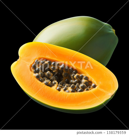 Ripe papaya fruit with a cut half and seeds isolated on a black background with clipping path, concept of freshness Ripe papaya fruit with a cut half and seeds isolated on a black background with clipping path, concept of freshness 138179359