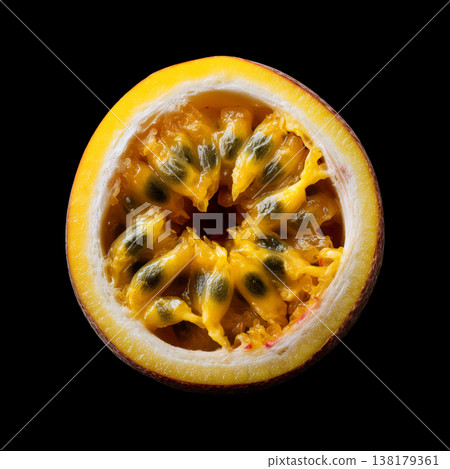 Closeup of juicy passion fruit half isolated on black background with clipping path, concept of freshness and tropical flavor Closeup of juicy passion fruit half isolated on black background with clipping path, concept of freshness and tropical flavor 138179361