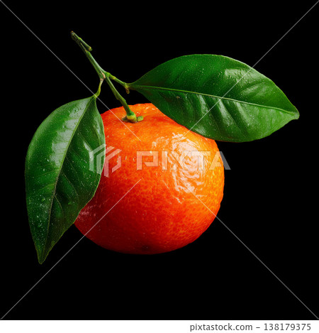 Fresh mandarin with leaves isolated on black background with clipping path, symbolizing freshness and natural produce 138179375