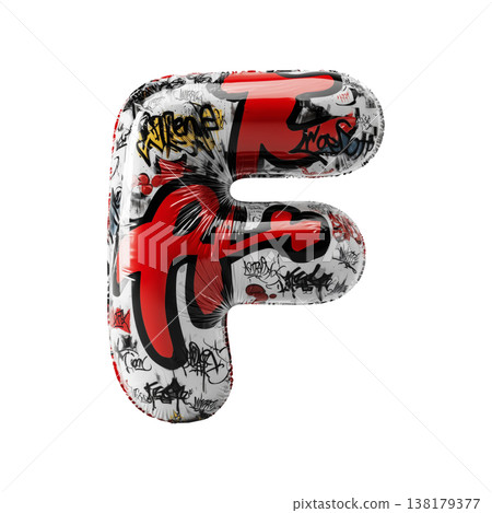Inflatable letter F covered in bold graffiti artwork in a street art style isolated on white background, symbolizing urban art 138179377