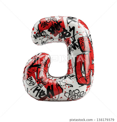 Inflatable letter J covered in graffiti art isolated on white background, representing urban creativity and bold street concept 138179379