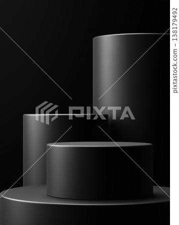 Dark cylindrical podiums for product display in minimalist style on plain backdrop, concept of modern elegance product mockup 138179492
