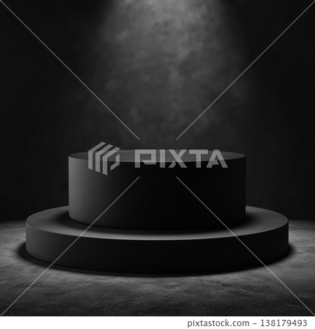 Dark cylindrical podium for product display in minimalist style on plain backdrop, concept of modern elegance product mockup 138179493