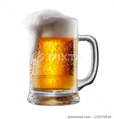 A glass of golden beer with thick foam shown isolated on white background, concept of refreshment and celebration 138179504