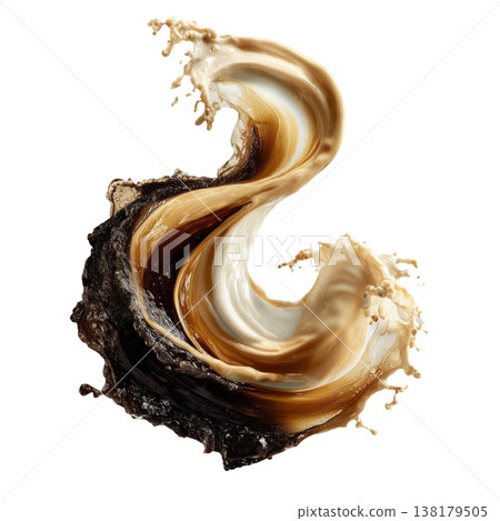 Coffee, cream, and milk splashes merging in dynamic style isolated on white background, concept of fluid energy and freshness Coffee, cream, and milk splashes merging in dynamic style isolated on white background, concept of fluid energy and freshness 138179505
