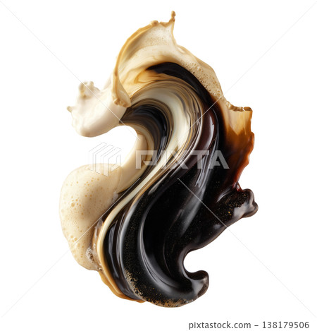 Coffee, cream, and milk splashes merging in dynamic style isolated on white background, concept of fluid energy and freshness 138179506