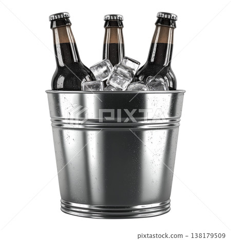 Metal bucket filled with cold drink bottles and ice, isolated on white background, symbolizing refreshment chill Metal bucket filled with cold drink bottles and ice, isolated on white background, symbolizing refreshment chill 138179509