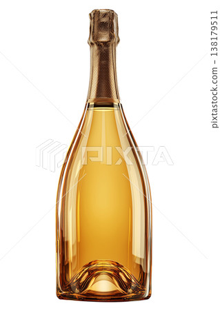 Clear sparkling wine bottle with gold foil shown isolated on white background, concept of celebration and elegance Clear sparkling wine bottle with gold foil shown isolated on white background, concept of celebration and elegance 138179511