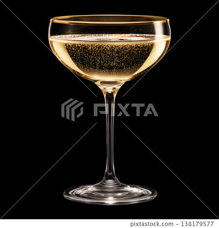 A filled champagne coupe glass with golden bubbles on black background with clipping path A filled champagne coupe glass with golden bubbles on black background with clipping path 138179577