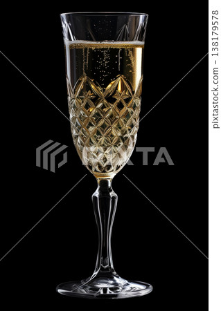Crystal champagne flute filled with sparkling drink on black background with clipping path Crystal champagne flute filled with sparkling drink on black background with clipping path 138179578